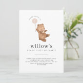 Teddy Bear First Birthday Invitation Pink Balloon Kaart (Staand voorkant)