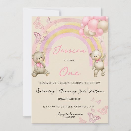 Teddy Bear First Birthday Party Invitation Kaart (Voorkant)