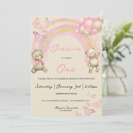 Teddy Bear First Birthday Party Invitation Kaart (Staand voorkant)