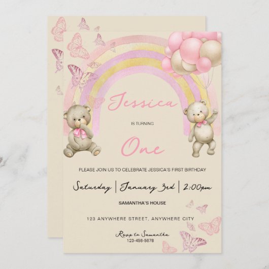 Teddy Bear First Birthday Party Invitation Kaart (Voorkant / Achterkant)