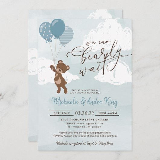 Teddy Bear Floating with Balloons Boy Baby shower Kaart (Voorkant / Achterkant)