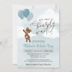 Teddy Bear Floating with Balloons Boy Baby shower Kaart