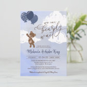 Teddy Bear Floating with Balloons Boy Baby shower Kaart (Staand voorkant)