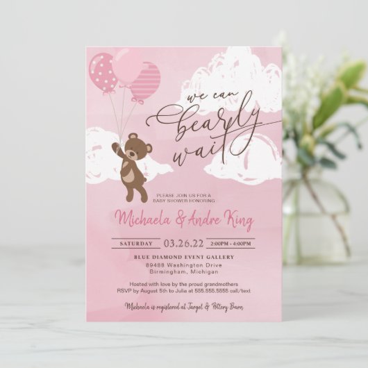 Teddy Bear Floating with Balloons Girl Baby Kaart (Staand voorkant)