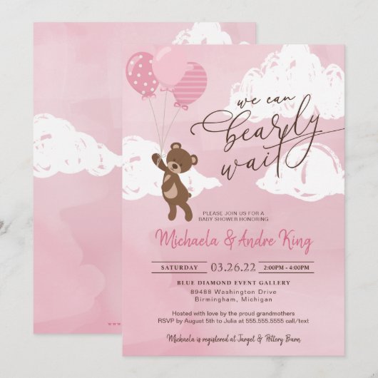 Teddy Bear Floating with Balloons Girl Baby Kaart (Voorkant / Achterkant)