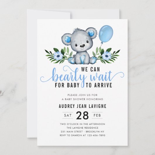 Teddy Bear Floral Botanical Blue Boy Baby shower Kaart (Voorkant)