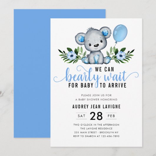 Teddy Bear Floral Botanical Blue Boy Baby shower Kaart (Voorkant / Achterkant)