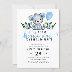 Teddy Bear Floral Botanical Blue Boy Baby shower Kaart