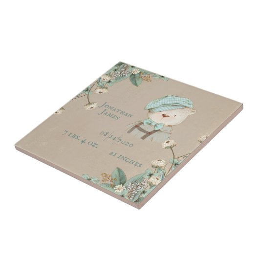 Teddy Bear Floral Name Personalize Birth Stats Tegeltje (Zijkant)