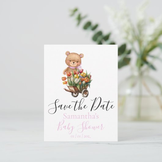 Teddy Bear Floral Rustic Save the Date Briefkaart (Staand voorkant)
