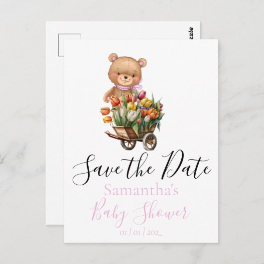 Teddy Bear Floral Rustic Save the Date Briefkaart (Voorkant / Achterkant)