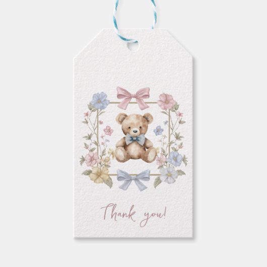 Teddy Bear Floral Wreath Baby Shower Thank You Cadeaulabel (Voorkant)