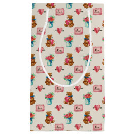 Teddy Bear & Flower Bouquet Patterned Gift Bag Klein Cadeauzakje