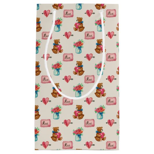 Teddy Bear & Flower Bouquet Patterned Gift Bag Klein Cadeauzakje (Voorkant)
