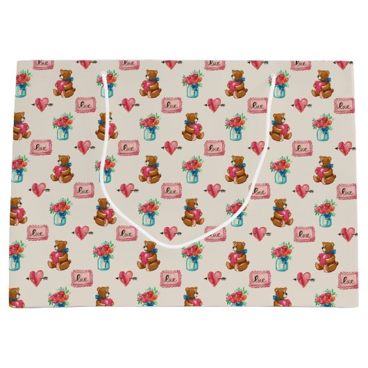 Teddy Bear & Flower Bouquet Patterned Groot Cadeauzakje (Voorkant)