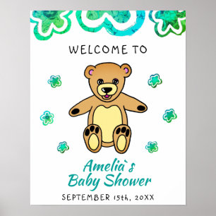 Teddy Bear Flower Floral Baby shower Welcome Poster