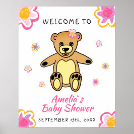 Teddy Bear Flower Floral Baby shower Welcome Sign Poster