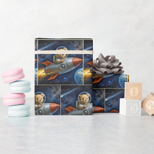 Teddy Bear Flying In a Rocket Ship Cadeaupapier (Baby Shower)