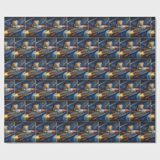 Teddy Bear Flying In a Rocket Ship Cadeaupapier (Vlak)