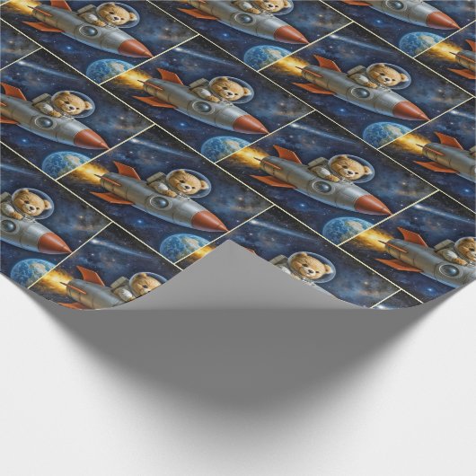 Teddy Bear Flying In a Rocket Ship Cadeaupapier (Hoek)