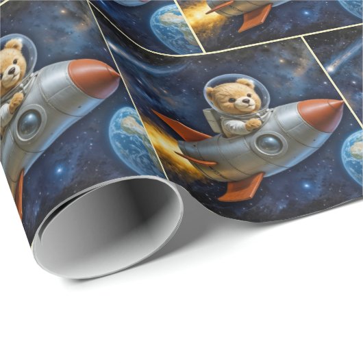 Teddy Bear Flying In a Rocket Ship Cadeaupapier (Rol Hoek)