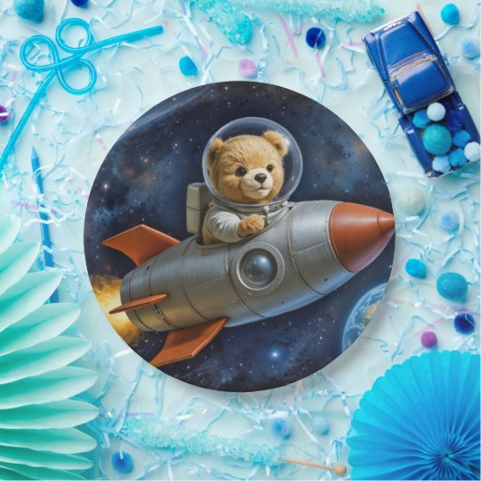 Teddy Bear Flying In a Rocket Ship Papieren Bordje (Feest)