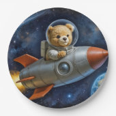 Teddy Bear Flying In a Rocket Ship Papieren Bordje (Voorkant)