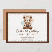 Teddy Bear Football Waterverf 1e verjaardag partij Kaart (Voorkant / Achterkant)