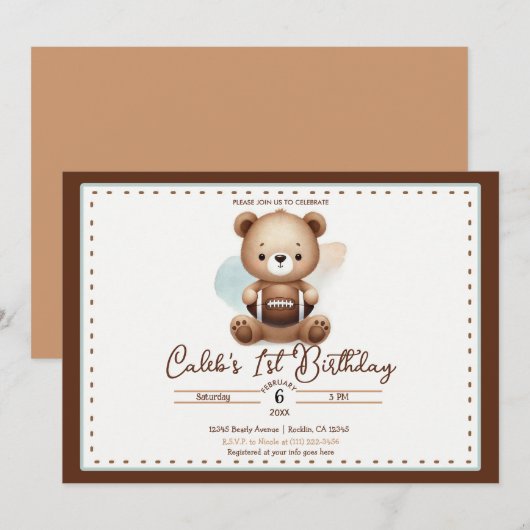 Teddy Bear Football Waterverf 1e verjaardag partij Kaart