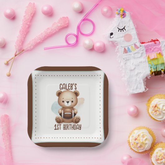 Teddy Bear Football Waterverf 1e verjaardag partij Papieren Bordje (Feest)