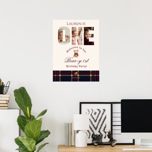 Teddy Bear Foto Beary 1e verjaardag Welkom Poster (Thuiskantoor)