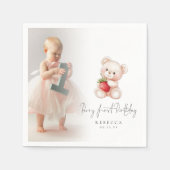 Teddy Bear Foto Overlay Berry Eerste Verjaardag Servet (Voorkant)
