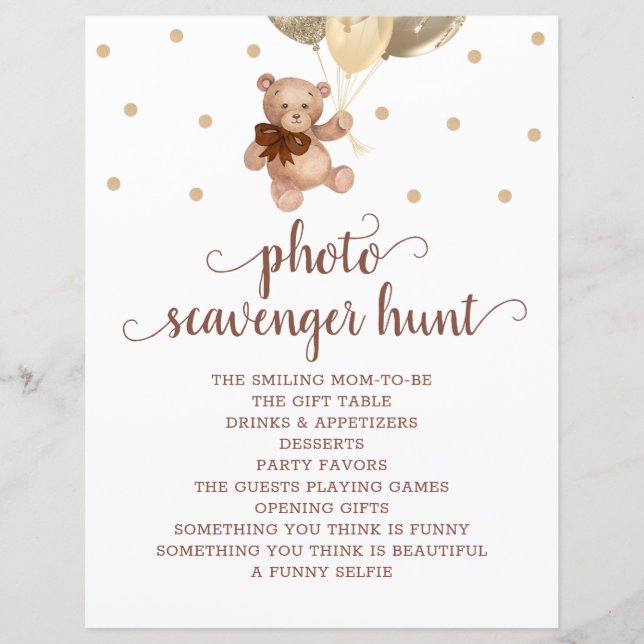 Teddy Bear Foto Scavenger Hunt Baby shower Game (Voorkant)