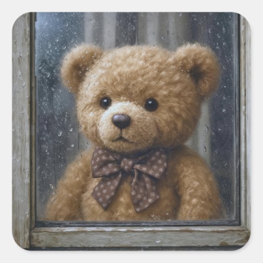 Teddy Bear Gazing Out of a Rainy Window Vierkante Sticker (Voorkant)
