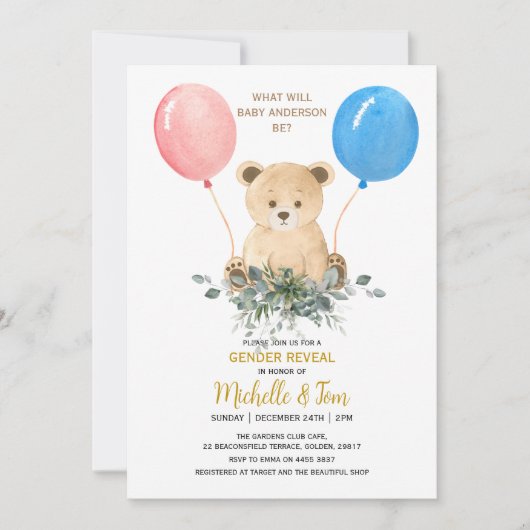 Teddy Bear Gender onthullen partijuitnodiging Kaart (Voorkant)