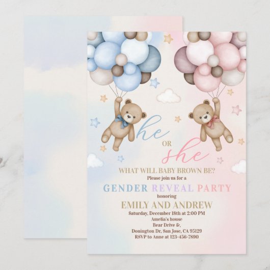 Teddy Bear Gender onthulling Baby shower Kaart (Voorkant / Achterkant)