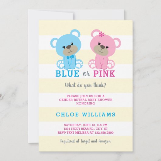 Teddy Bear Gender onthulling Baby shower Uitnodigi Kaart (Voorkant)