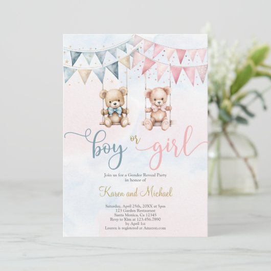 Teddy Bear Gender onthulling Uitnodiging (Staand voorkant)