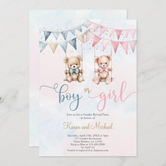Teddy Bear Gender onthulling Uitnodiging (Voorkant / Achterkant)
