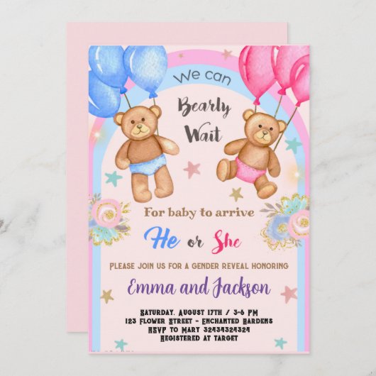 Teddy Bear Gender onthulling Uitnodiging (Voorkant / Achterkant)