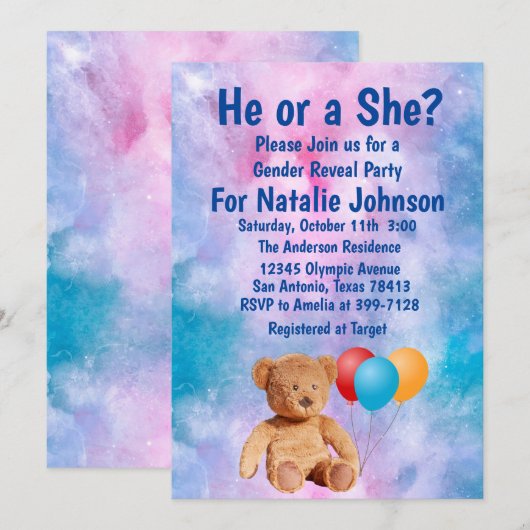 Teddy Bear Gender Reopenbaart de partij Kaart (Voorkant / Achterkant)