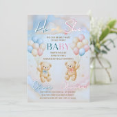 Teddy Bear Gender Reveal Invitation He or She Kaart (Staand voorkant)