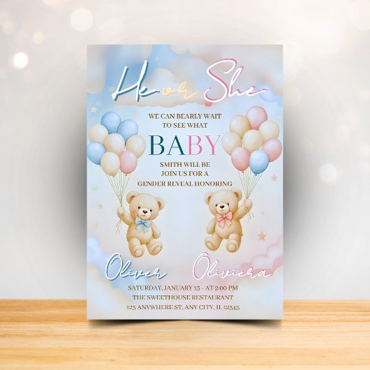 Teddy Bear Gender Reveal Invitation He or She Kaart