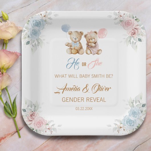 Teddy Bear Gender Reveal Pastel Florals Papieren Bordje