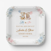Teddy Bear Gender Reveal Pastel Florals Papieren Bordje (Voorkant)