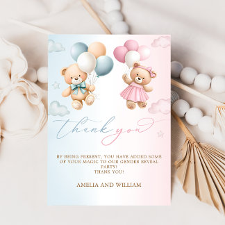Teddy Bear Gender Reveal Thank You Card Kaart