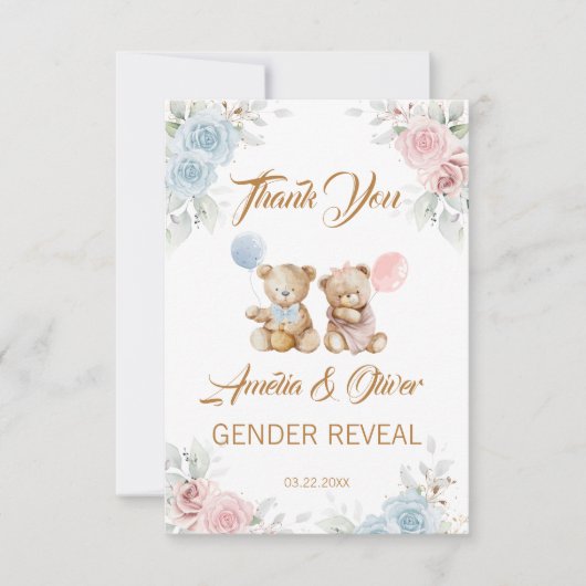 Teddy Bear Gender Reveal Thank You Pastel Florals Bedankkaart (Voorkant)