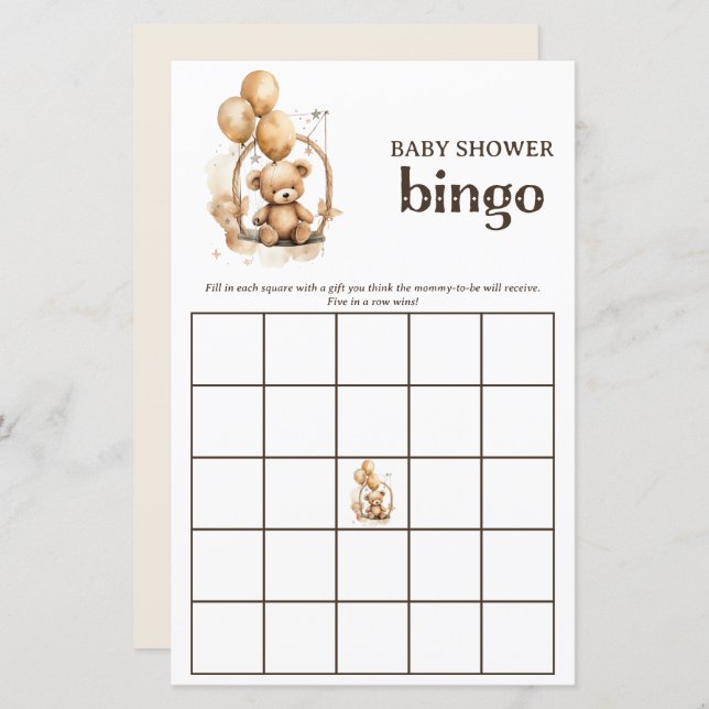 Teddy Bear Genderneutraal Baby shower Bingo Spel (Voorkant / Achterkant)