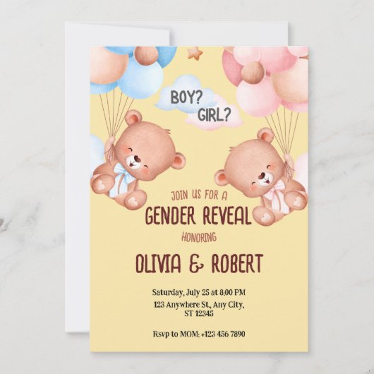 Teddy Bear Geslacht Reveal Uitnodiging Ballonnen (Voorkant)