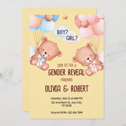  Teddy Bear Geslacht Reveal Uitnodiging Ballonnen  (Voorkant / Achterkant)